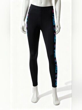 FILA Black Leggings with Blue & Pink Logo Stripe Y2K Style